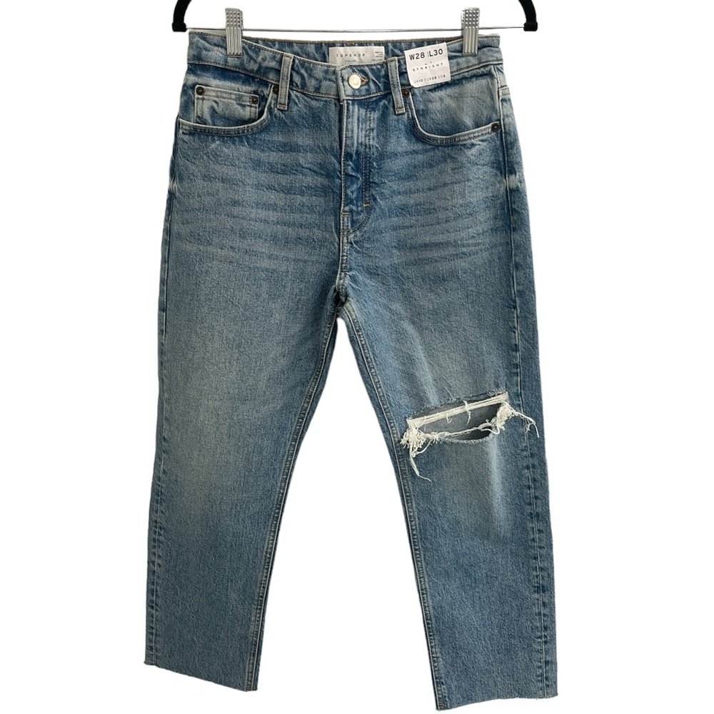 NWT Women’s TopShop Distressed Straight Leg Jeans With Rip At Knee